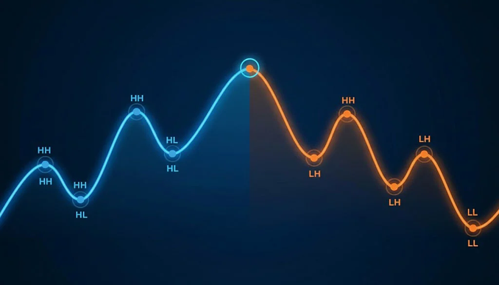 HH/HL trend, then a shift to LH/LL