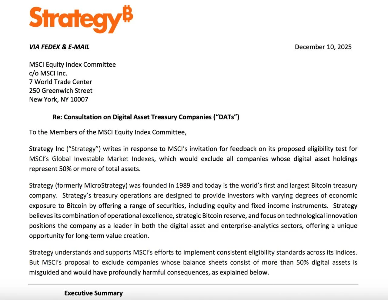 Strategy’s letter to MSCI