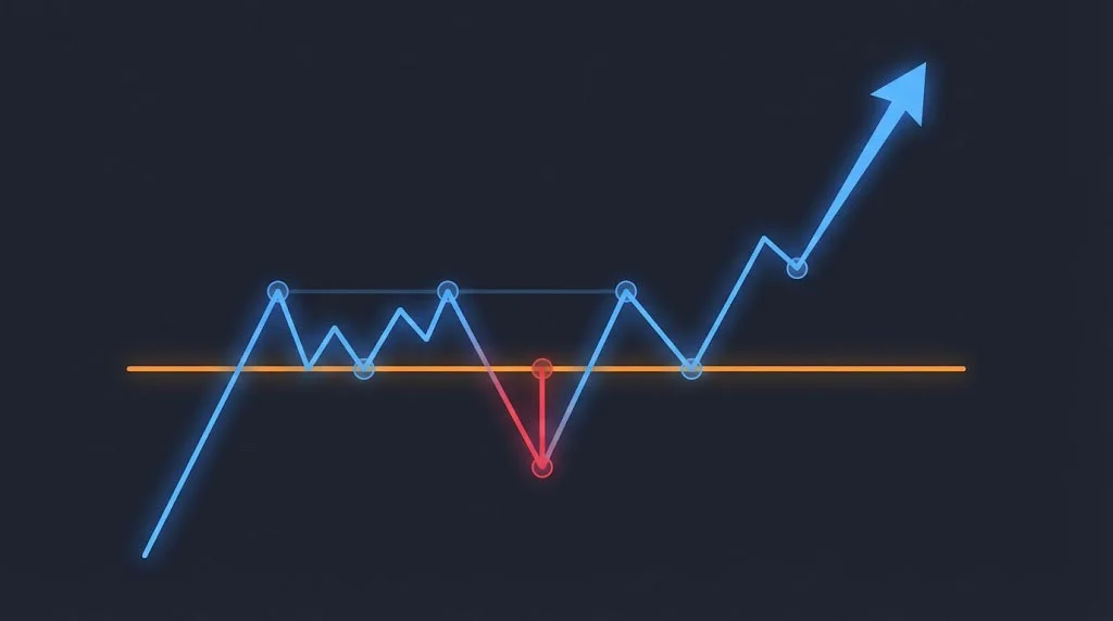 Illustration of sweep + reclaim setup: liquidity grab wick, retest, continuation.